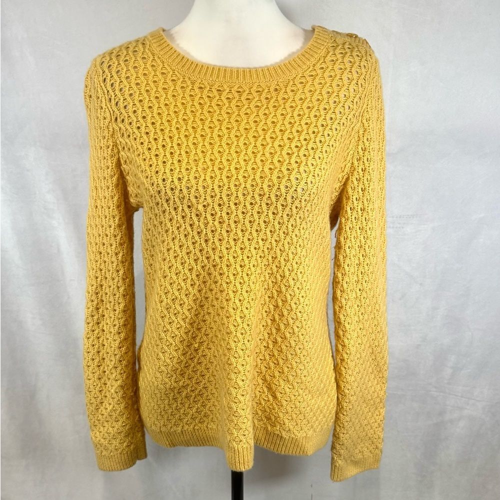 Talbots mustard yellow lambswool blend open knit sweater size medium petite